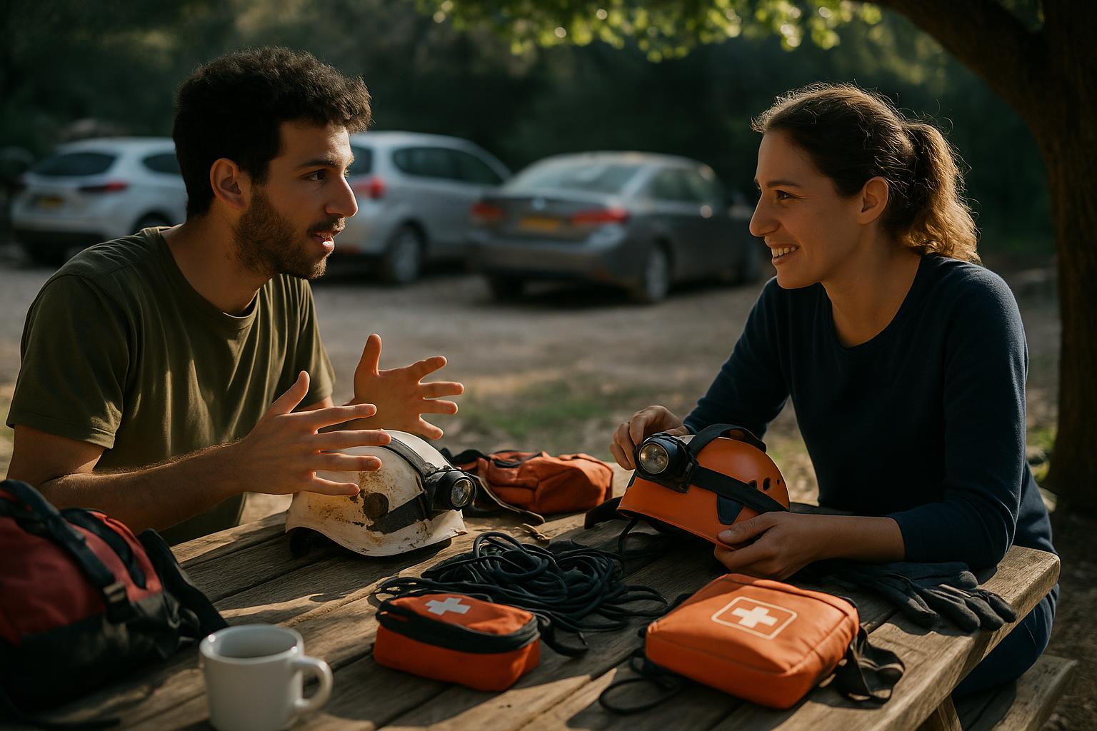 קבוצת מטיילים מתארגנת לכניסה למערה בישראל, תוך הסבר מקצועי מה עושים במקרה חירום במערה וסקירת ערכת החירום האישית שלהם.