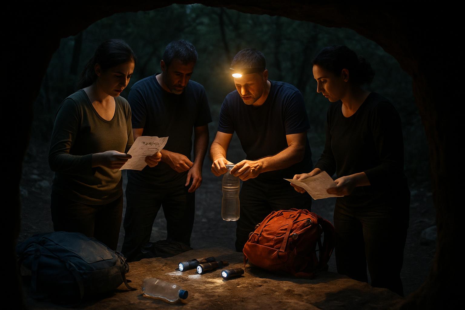 מדריך מדגים מה עושים במקרה חירום במערה במהלך תרגול חילוץ עם ערכת חירום מקצועית באחת ממערות ישראל.